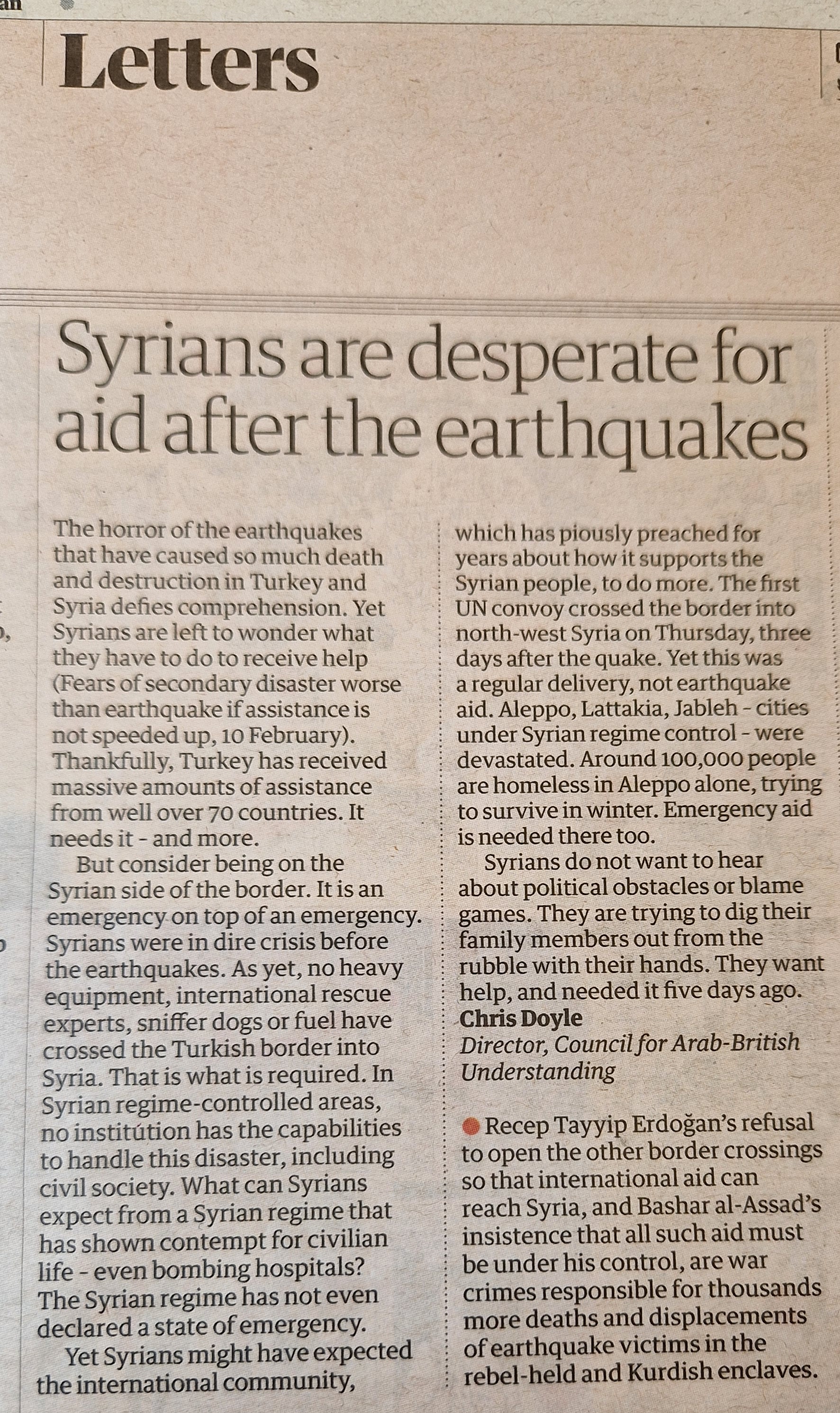 Letter in the Guardian