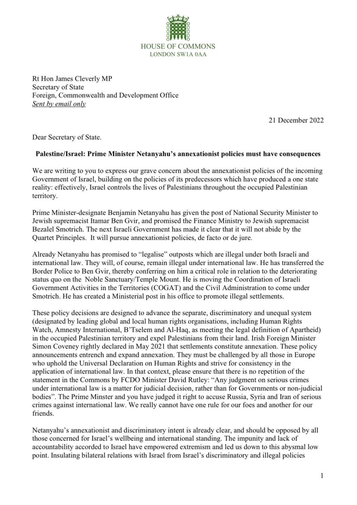 Letter James Cleverly Israeli Government annexationist policies 