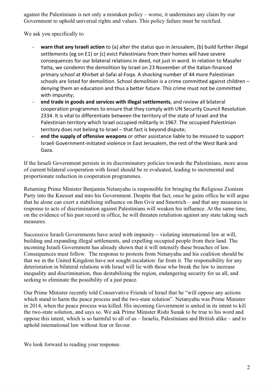 Letter James Cleverly Israeli Government annexationist policies 