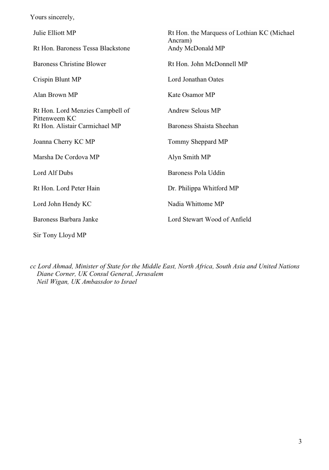 Letter James Cleverly Israeli Government annexationist policies 