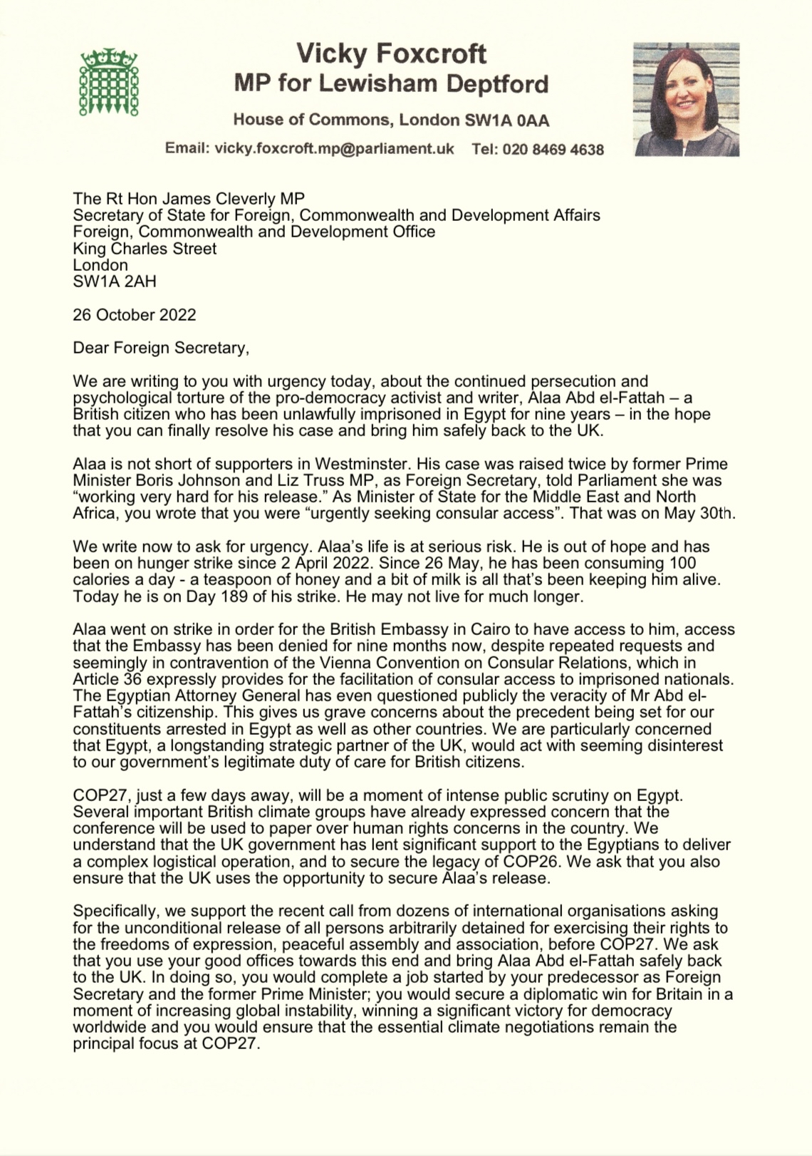 Ala'a letter Caabu Vicky Foxcroft