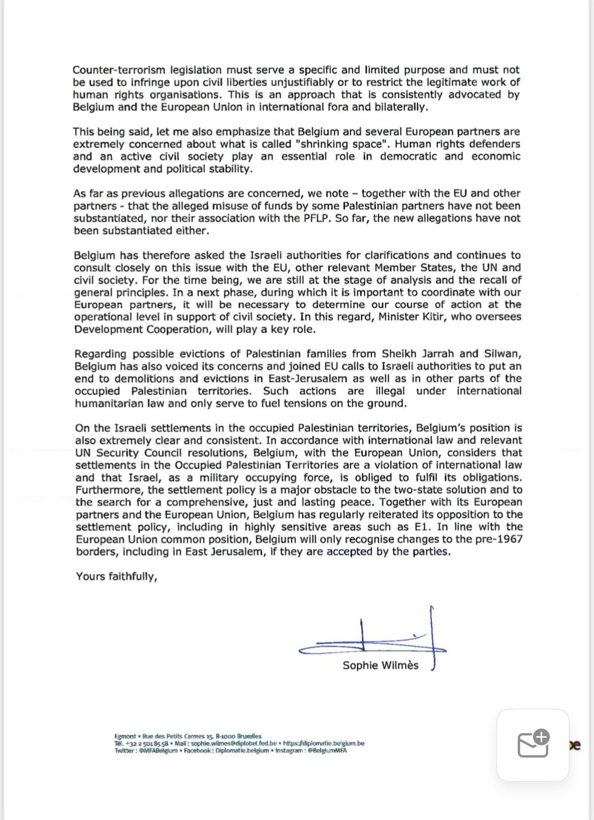 Belgium Wilmes letter Caabu