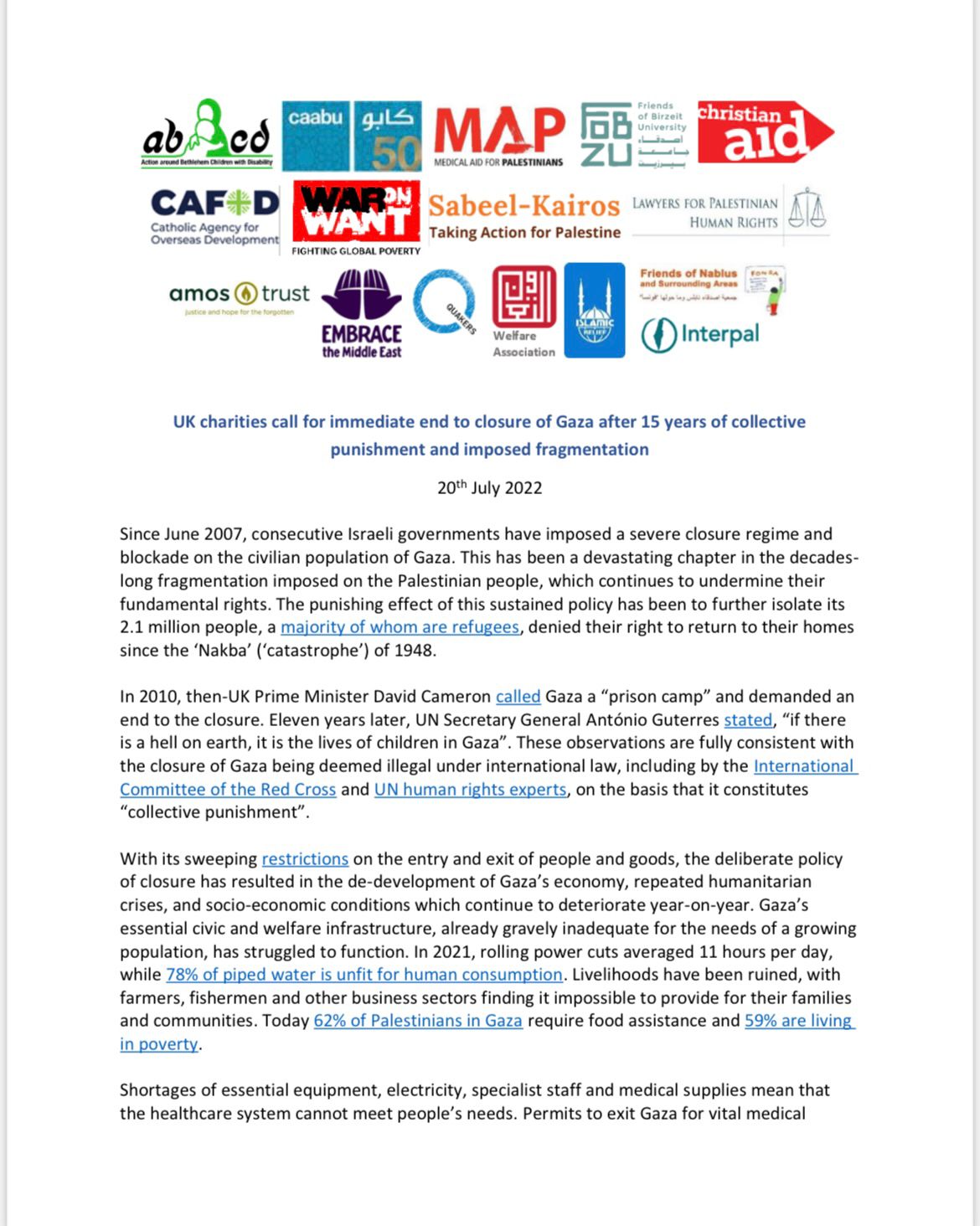 UK charities call for immediate end to closure of Gaza after 15 years of collective punishment and imposed fragmentation