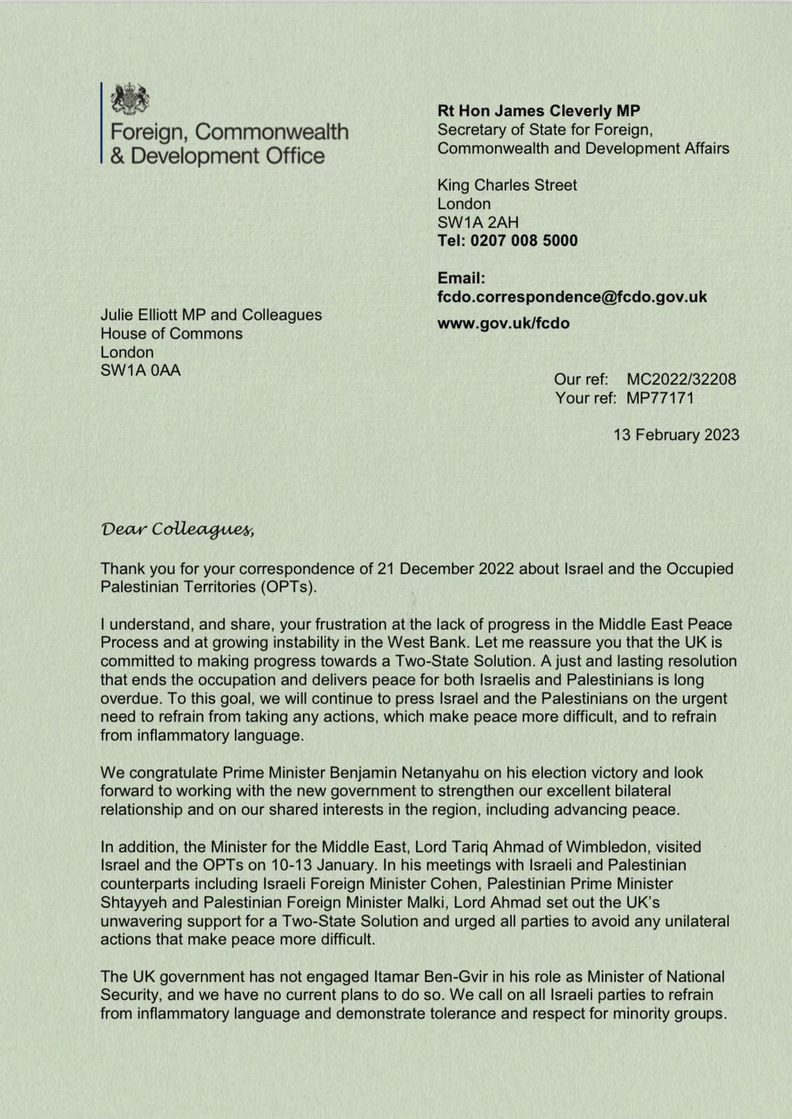 Letter James Cleverly Israeli Government annexationist policies reply