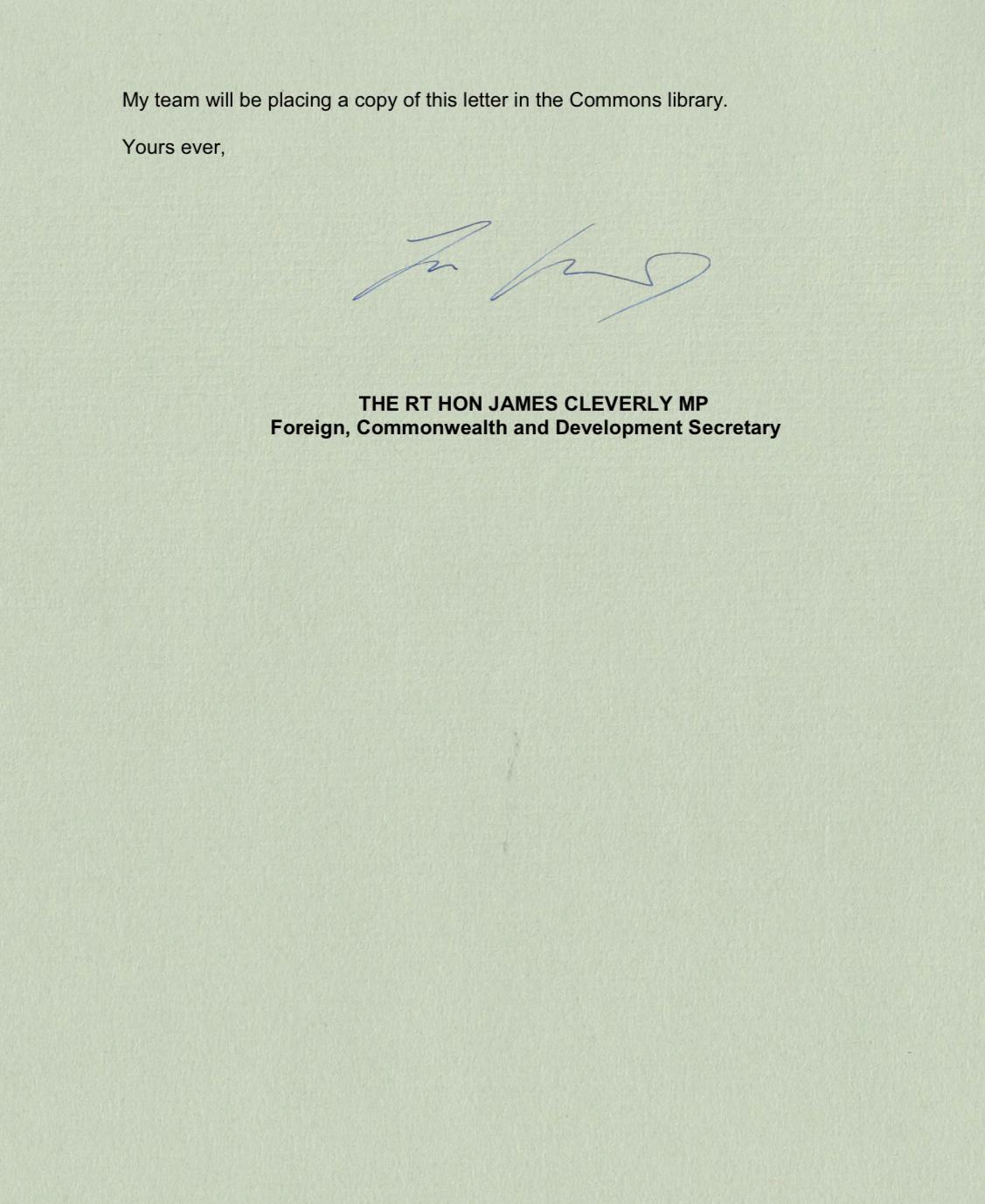 Letter James Cleverly Israeli Government annexationist policies reply