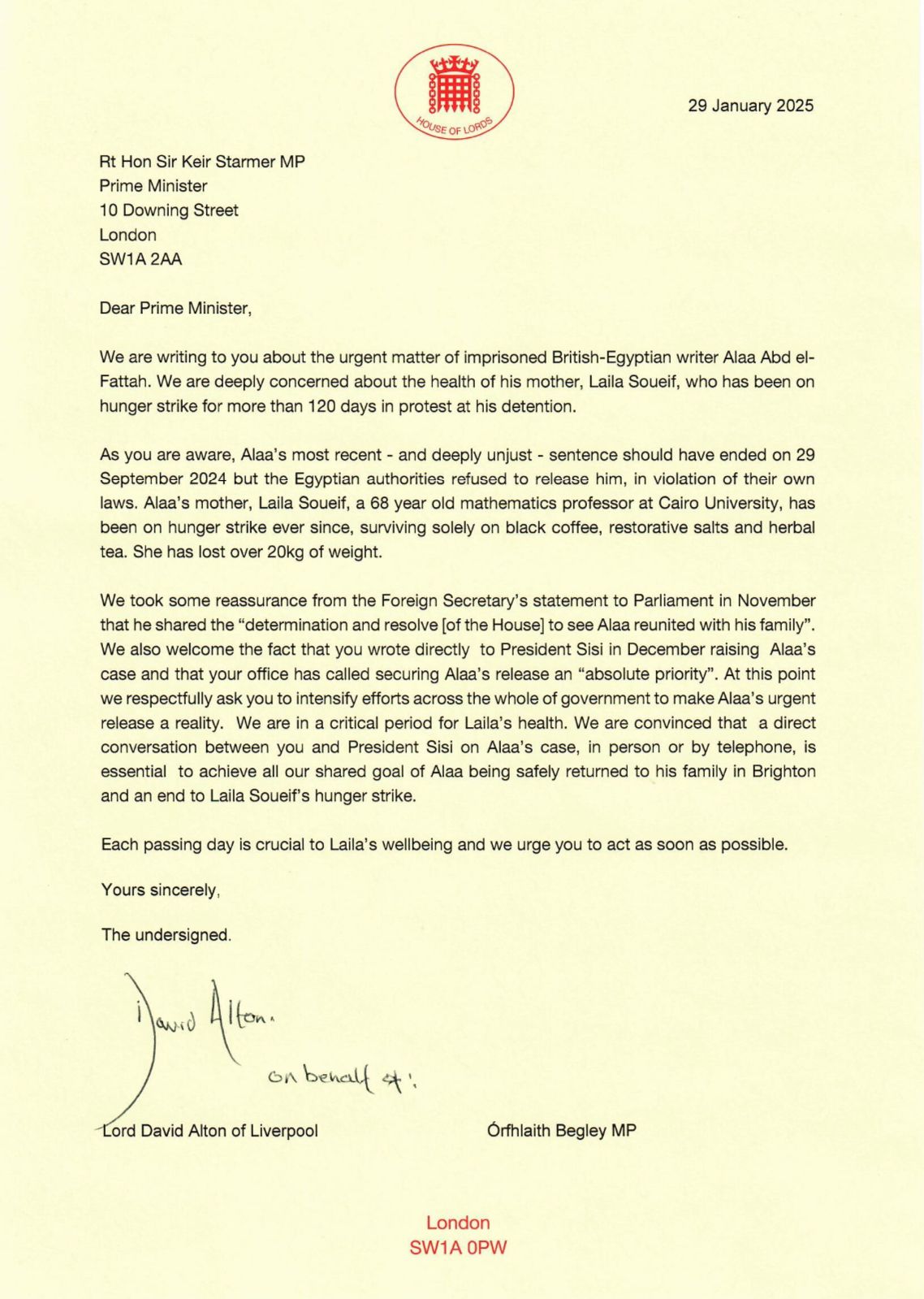 Letter to Prime Minister