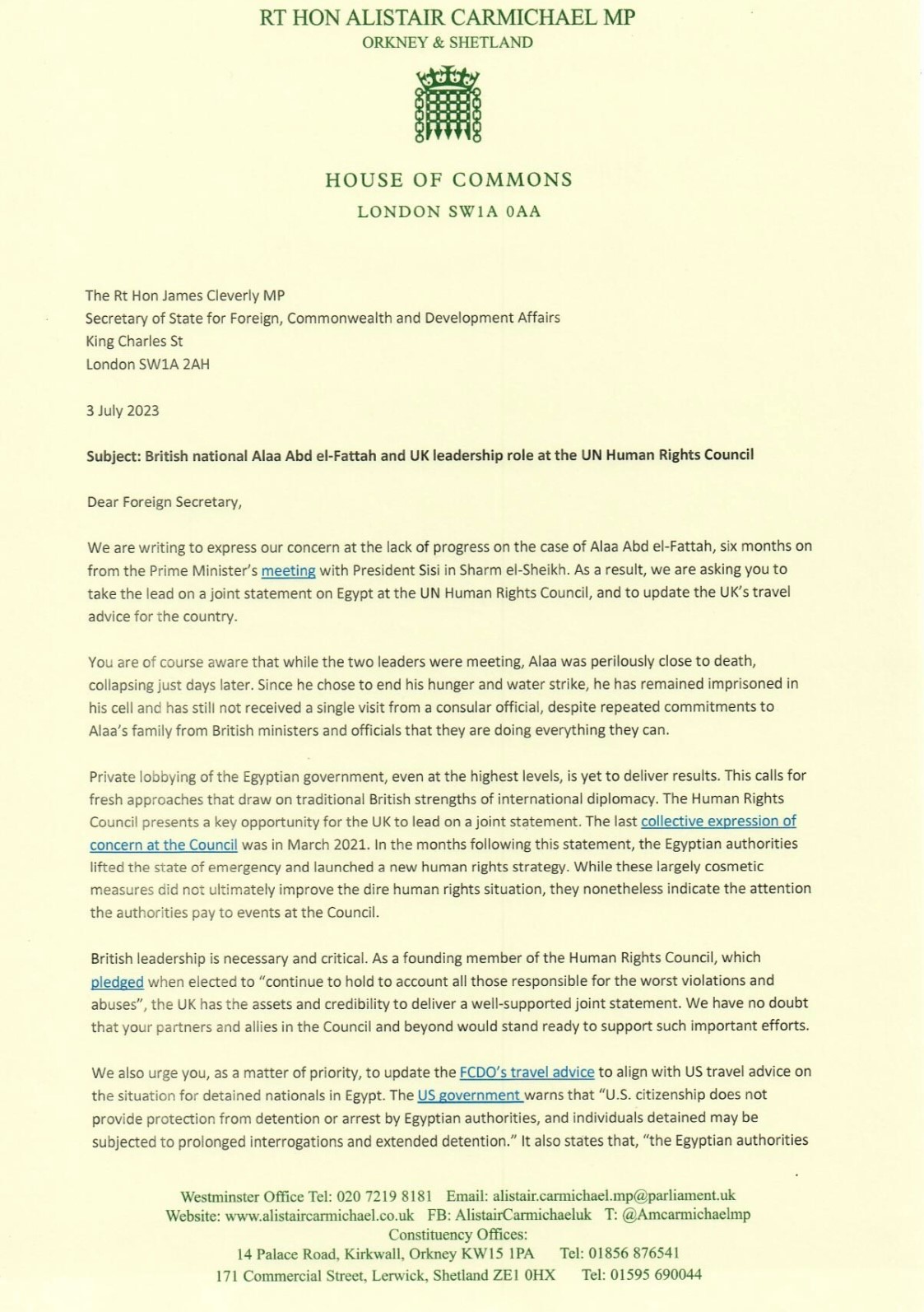 Over 100 UK Parliamentarians lay out practical steps Foreign Office can take to help free imprisoned British-Egyptian writer, Alaa Abd el-Fattah