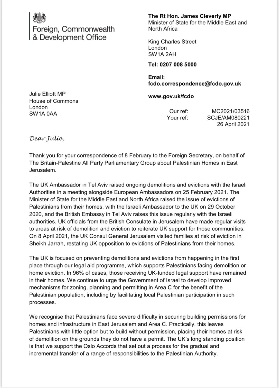 James Cleverly East Jerusalem forced eviction dispossession Palestinians
