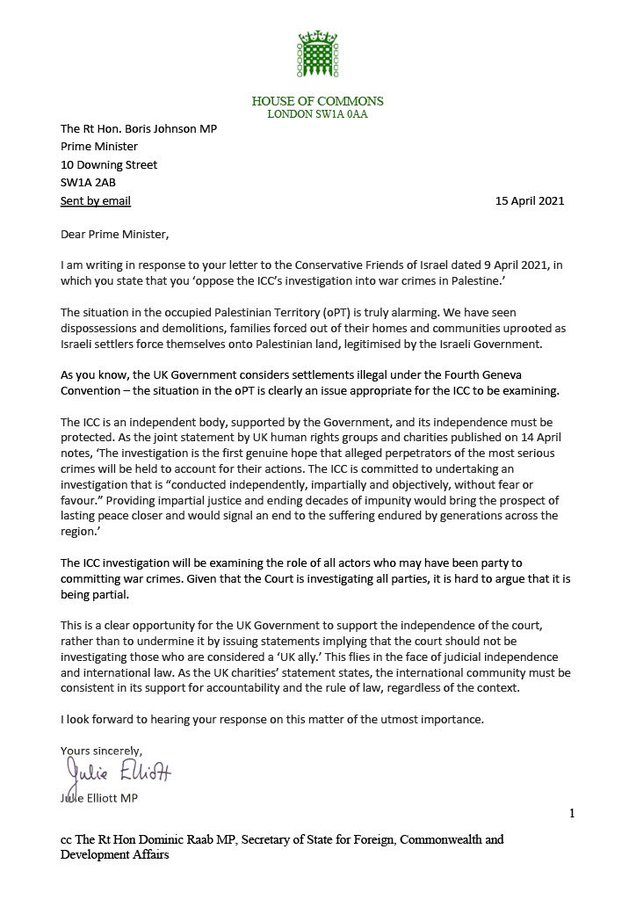 Julie Elliott letter Boris Johnson ICC
