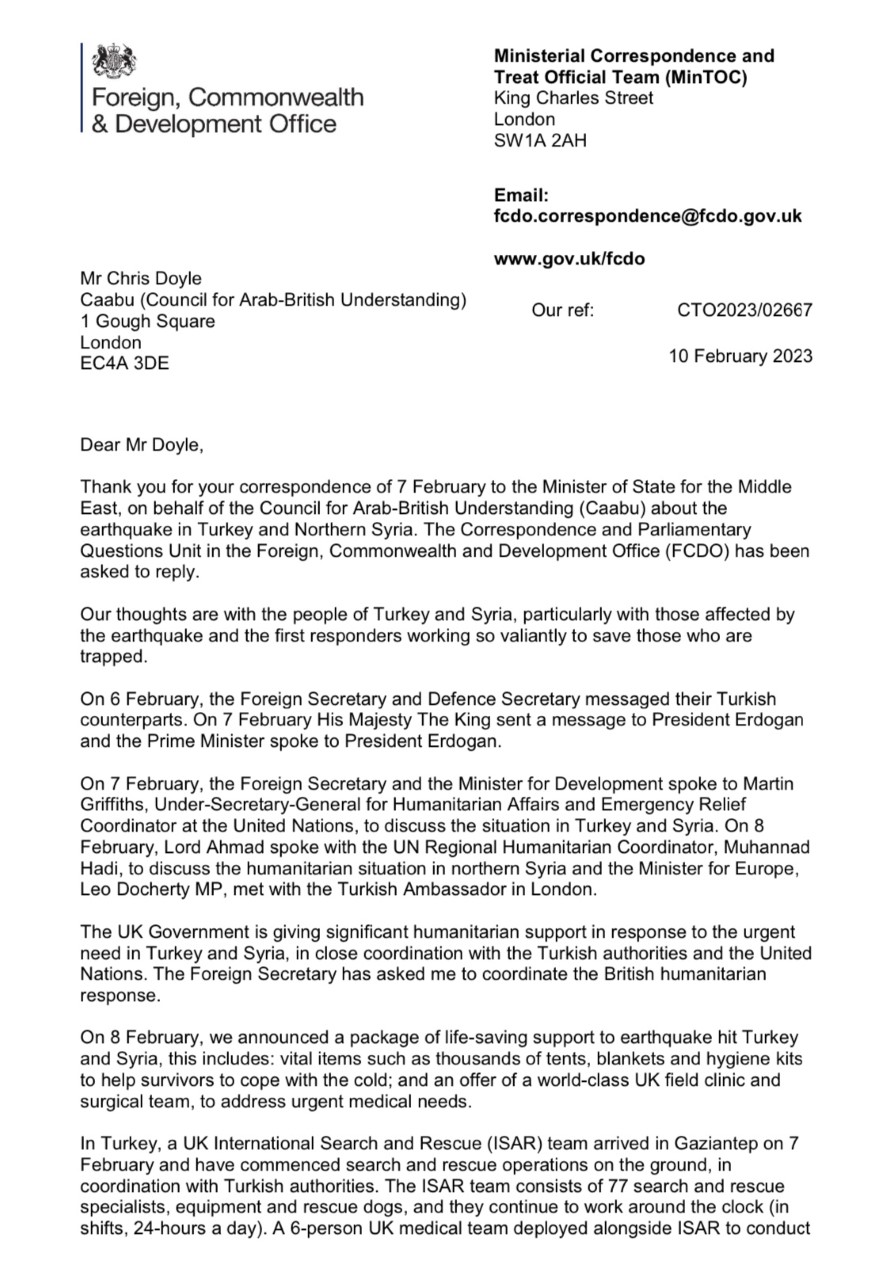 FCDO letter Syria Turkey earthquake