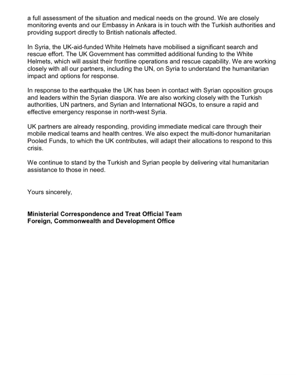 FCDO letter Syria Turkey earthquake