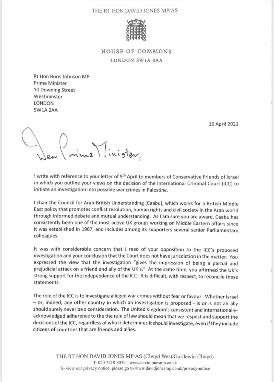 David Jones letter Boris Johnson ICC