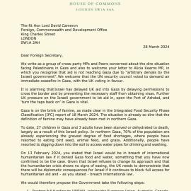 Caabu letter MPs Parliamentarians starving Gaza weapon of war 