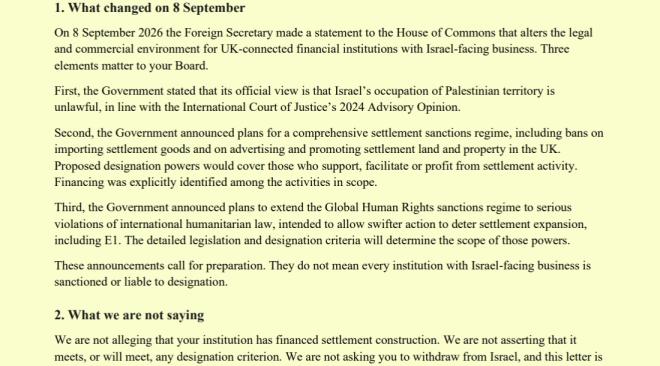 Britain Palestine APPG letter banks E1 settlement